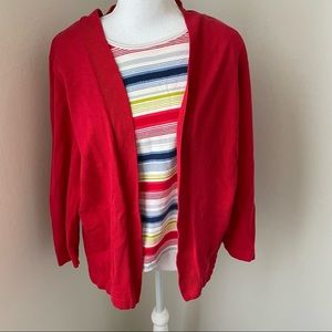 Alfred Dunner Red Cardigan With Attached Multicolor Stripe Shirt Size Medium